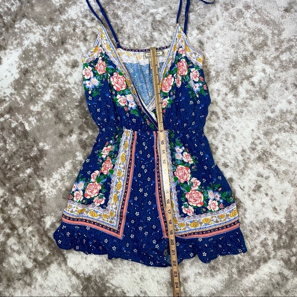 Flying Tomato romper blue floral one piece jumper spaghetti strap wrap style MD - Picture 8 of 11